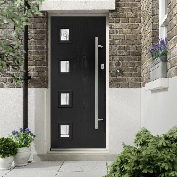 A Donaldson Door's external door with small flour designs in the glass